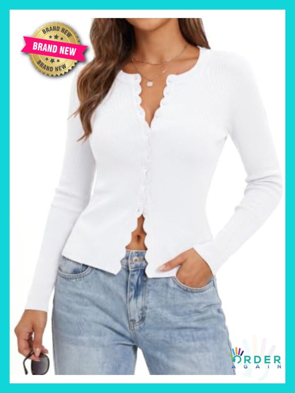 Womens Cropped Button Up Cardigan Scalloped Slim Fit Lightweight Knit